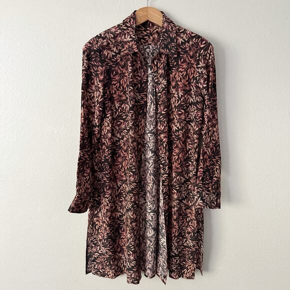 Peruvian Connection 100% Silk Leaf Print Long Sleeve Collared Tunic Size Large - Picture 2 of 13